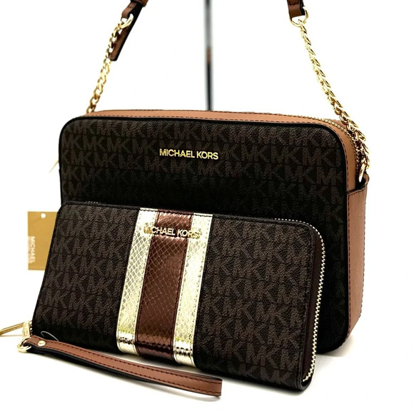 Michael Kors Large EW Zip Chain Xbody Crossbody Bag & Continental Wallet Brown - Picture 1 of 13